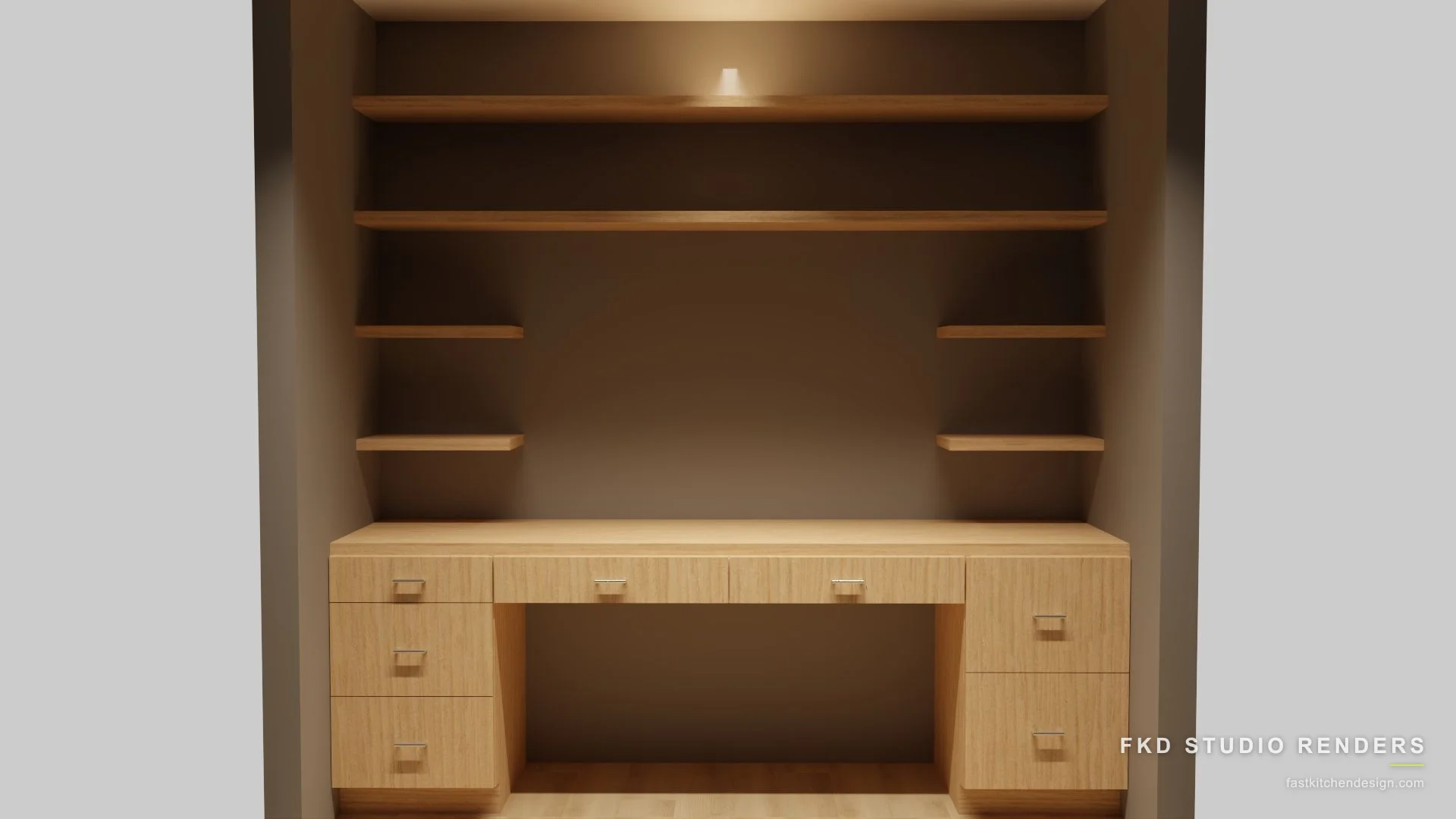 2020 Flex office design with natural oak slab-front desk cabinets, brushed nickel pulls, and floating shelves, designed in 2020 Flex by Fast Kitchen Design.
