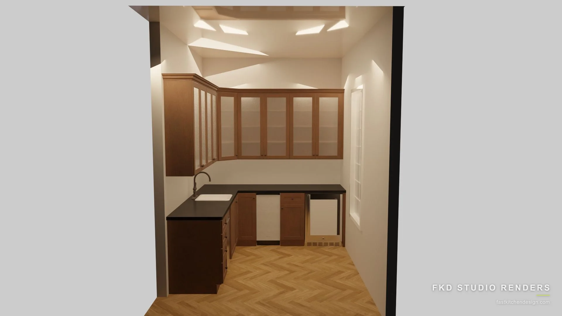 2020 Flex wine bar design with warm wood cabinets, glass-front uppers, a black countertop, and herringbone floor, designed in 2020 Flex by Fast Kitchen Design.