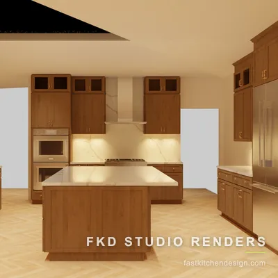 2020 Flex kitchen design with warm wood shaker cabinets, a marble island, and brass hardware, designed in 2020 Flex by Fast Kitchen Design.