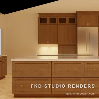 Wood 2020 Flex kitchen design centered on the marble-topped island with six drawers, brass ring pulls, and a panel-front refrigerator behind.