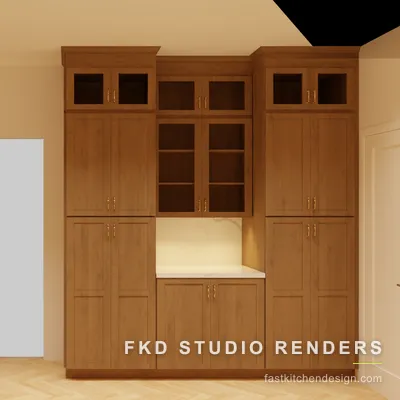 Wood 2020 Flex kitchen design showing a floor-to-ceiling pantry wall with glass-front shaker uppers and a marble coffee-bar niche.