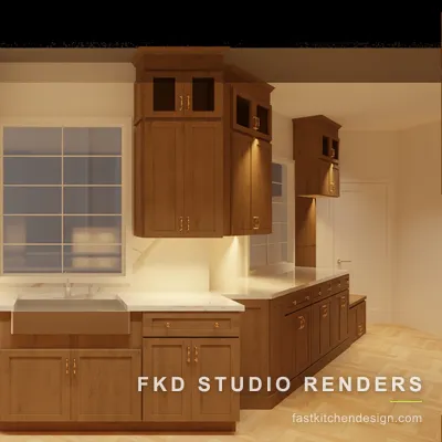 2020 Flex kitchen design at the sink wall, with a stainless farmhouse apron sink, brass hardware, and mullioned windows over marble counters.