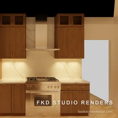 Wood 2020 Flex kitchen design at the range wall, with a pro gas range, stainless hood, double wall ovens, and a marble slab backsplash.