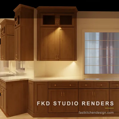 Wood 2020 Flex kitchen design with a built-in window bench, fluted tall cabinet, brass pulls, and marble counters along the seating wall.