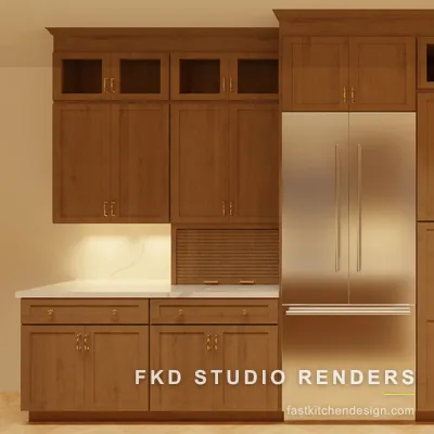 2020 Flex kitchen elevation of the tall cabinet wall, with a panel-front refrigerator, floor-to-ceiling shaker pantries, and glass-front uppers.