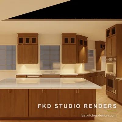 Open wood 2020 Flex kitchen design seen from the corner, with a marble waterfall island, windows over the sink, and a pro range, by Fast Kitchen Design.
