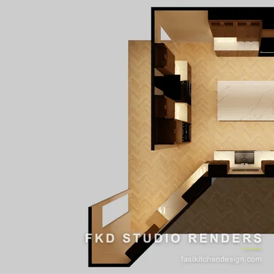2020 Flex kitchen floor plan showing the U-shaped wood cabinet layout wrapping a large central marble island.
