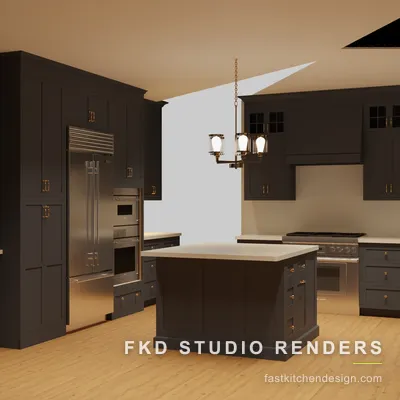 2020 Flex kitchen design with charcoal shaker cabinets, brass hardware, and a quartz island, designed in 2020 Flex by Fast Kitchen Design.