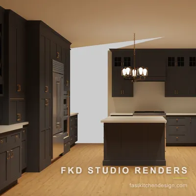 Charcoal 2020 Flex kitchen design seen from the range wall, with a quartz island, glass-front uppers, and a brass chandelier near the bay window.