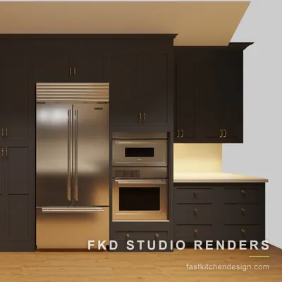 2020 Flex kitchen elevation view of the refrigerator wall, with a paneled built-in fridge, double wall ovens, and glass-front display cabinets.