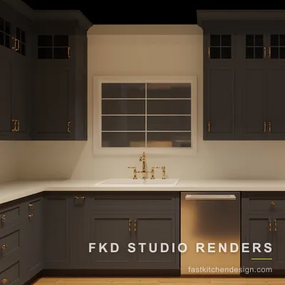 2020 Flex kitchen design at the sink wall, with a brass bridge faucet, mullioned window, stainless dishwasher, and charcoal shaker cabinets.