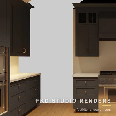 Charcoal 2020 Flex kitchen design framing the stainless pro range, custom hood, and glass-front cabinets with brass cup pulls.