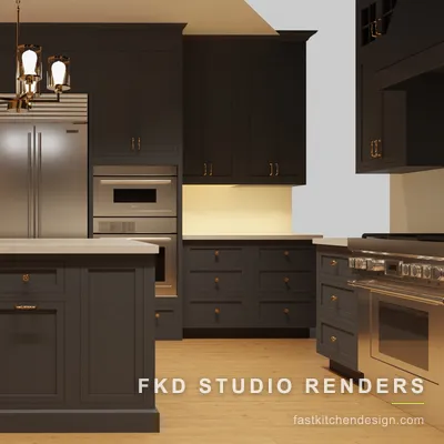 2020 Flex kitchen design with charcoal cabinets, a quartz island, and a brass cage chandelier framing the stainless refrigerator and wall oven.