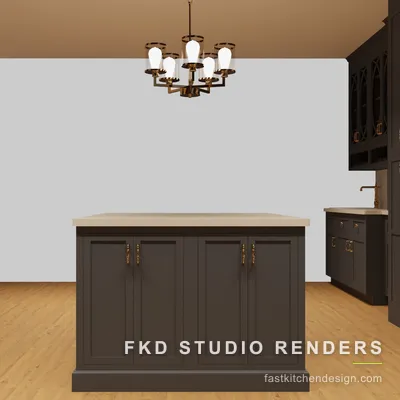 Close view of the charcoal shaker island with brass pulls in a 2020 Flex kitchen design, lit by a brass chandelier near the sink run.