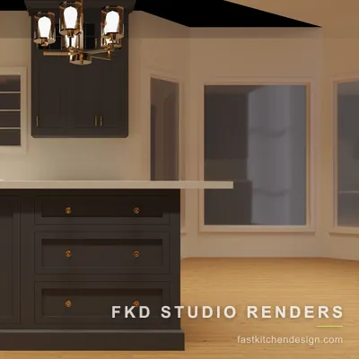 Detail of the charcoal island drawer stack and brass knobs in a 2020 Flex kitchen design, with a mullioned window and bay windows behind.