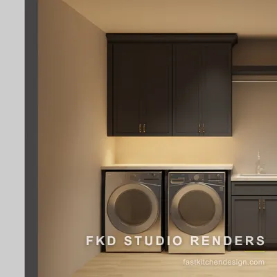 2020 Flex laundry room design with charcoal shaker cabinets, brass hardware, a quartz sink base, and storage lockers, designed in 2020 Flex by Fast Kitchen Design.