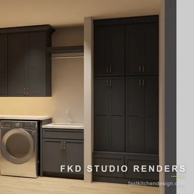 Charcoal 2020 Flex laundry room seen from an angle, with a stainless washer and dryer, hanging rod, and a tall shaker storage tower with brass pulls.