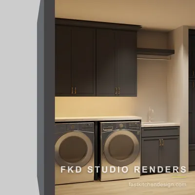 Alternate angle of a charcoal shaker 2020 Flex laundry room, showing the floating shelf, sink base, and locker tower over a light wood floor.