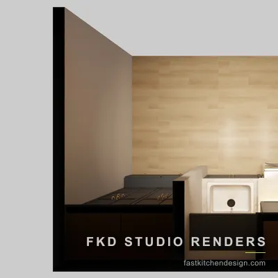2020 Flex laundry room floor plan showing the counter layout, a white drop-in sink, brass faucets, and charcoal base cabinet placement.