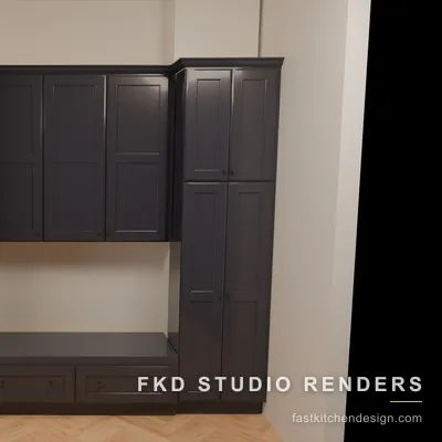 2020 Flex mudroom design with charcoal shaker cabinets, tall storage towers, and a drawer bench, designed in 2020 Flex by Fast Kitchen Design.