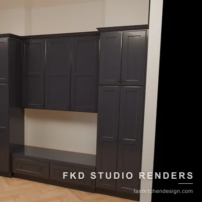 Angled view of the charcoal 2020 Flex mudroom design, showing the corner cabinet return, storage bench, and light herringbone wood floor.