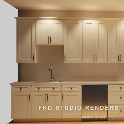 2020 Flex bar design with cream shaker cabinets, a marble slab backsplash, and a stainless bar fridge, designed in 2020 Flex by Fast Kitchen Design.