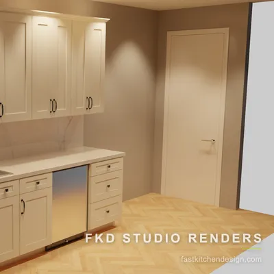 Cream shaker 2020 Flex bar design seen from the left, with a stainless bar sink, marble counter, and a mirrored undercounter bar fridge.
