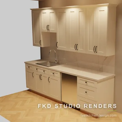 Angled view of a 2020 Flex bar design showing cream shaker uppers, a marble-look quartz counter, and the undercounter bar fridge opening.