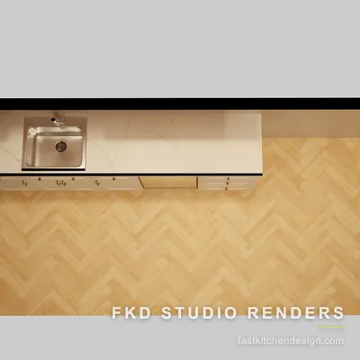 2020 Flex bar floor plan showing the single-wall layout, stainless sink placement, and herringbone wood flooring.
