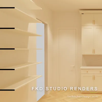 2020 Flex butler pantry design with cream shaker cabinets, brass bar pulls, and a marble backsplash, designed in 2020 Flex by Fast Kitchen Design.