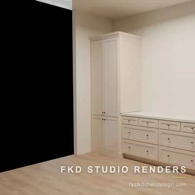 2020 Flex dining buffet design with cream shaker drawers, a tall pantry cabinet, and bronze cup pulls, designed in 2020 Flex by Fast Kitchen Design.