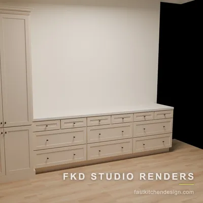 Cream shaker dining buffet seen straight on in this 2020 Flex design, with a long bronze-pulled drawer bank and a tall pantry over light wood floors.