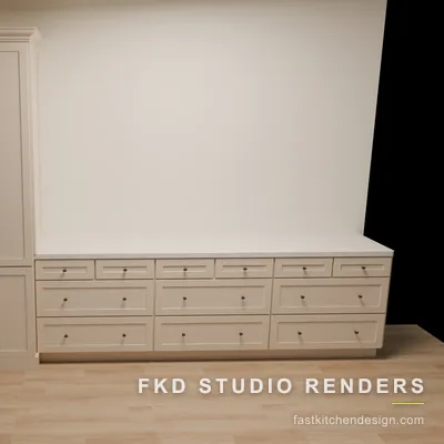Front 2020 Flex dining buffet view showing the cream shaker drawer layout, deep bottom drawers, and tall pantry cabinet with antique bronze hardware.