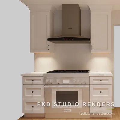 2020 Flex kitchen design with cream shaker cabinets, a stainless pro range under a chimney hood, and quartz counters, designed in 2020 Flex by Fast Kitchen Design.