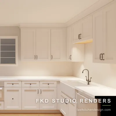 Cream 2020 Flex kitchen design seen from the sink wall, with a farmhouse apron sink, marble-look counters, and a mullioned window above.