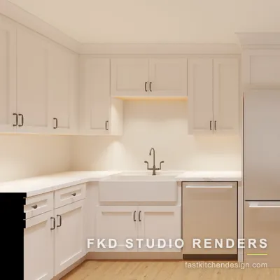 Corner angle of a 2020 Flex kitchen design showing a farmhouse sink, stainless French-door refrigerator, and cream shaker cabinets on oak floors.