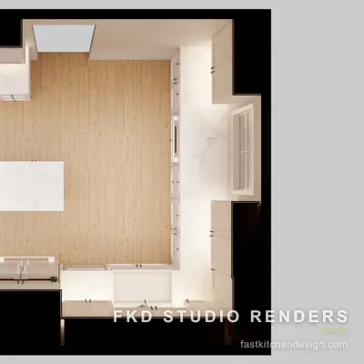 2020 Flex kitchen floor plan showing the U-shaped layout, central marble island, range hood wall, and surrounding shaker cabinet runs.