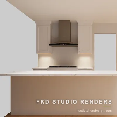 2020 Flex kitchen design with a marble waterfall island, cream shaker cabinets, and a pro range under a chimney hood, designed in 2020 Flex.