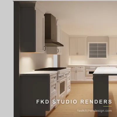 Wide 2020 Flex kitchen design of the full U-shaped room, with a center island, pro range, chimney hood, and stainless refrigerator.