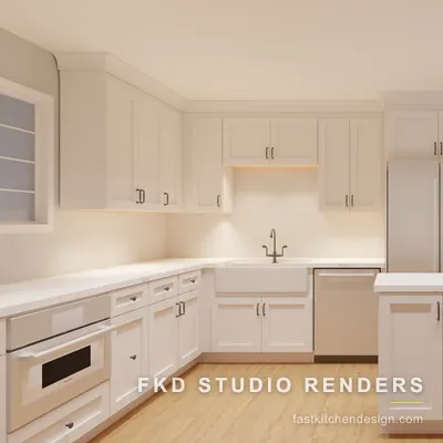 Cream 2020 Flex kitchen design from the peninsula side, showing a farmhouse sink, dishwasher, wall oven, and marble-look quartz counters.