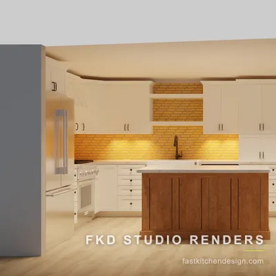 2020 Flex kitchen design with cream shaker cabinets, a cherry wood island, marble counters, and a brick backsplash, designed in 2020 Flex by Fast Kitchen Design.