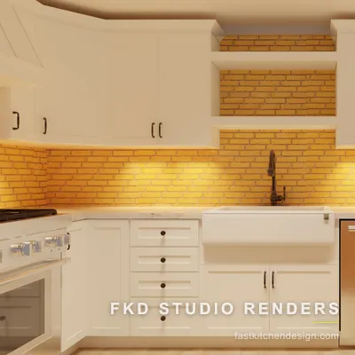 Cream shaker 2020 Flex kitchen design at the sink wall, with a farmhouse apron sink, bronze faucet, brick backsplash, and marble countertops.