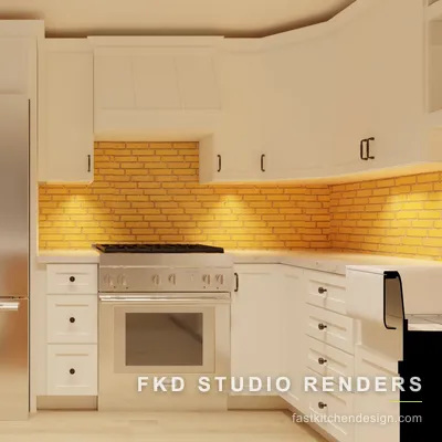 2020 Flex kitchen design seen from the range wall, with a pro gas range, stainless French-door fridge, and a brick backsplash under cream cabinets.