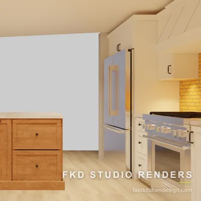 Close-up of the cherry wood shaker island with bronze hardware and a marble top in a 2020 Flex kitchen design by Fast Kitchen Design.