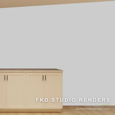 2020 Flex kitchen elevation view of a low run of cream shaker base cabinets topped with a marble counter against a plain wall.
