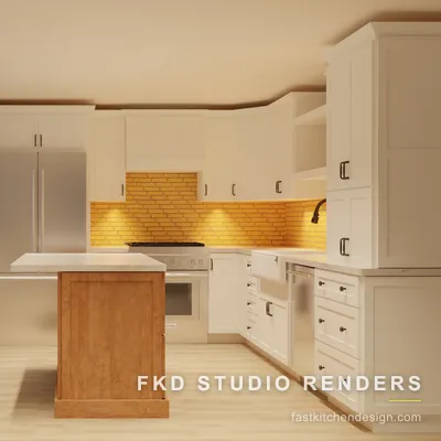 Wide open-concept 2020 Flex kitchen design showing the L-shape cream cabinets, cherry wood island, and brick backsplash, designed in 2020 Flex.