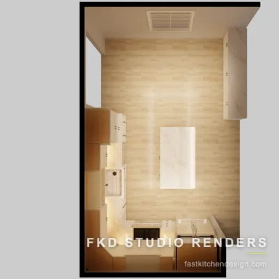 2020 Flex kitchen floor plan showing the L-shape cabinet run, central island, farmhouse sink, and range layout from above.