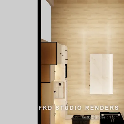 2020 Flex kitchen floor plan zoomed on the work zone, showing the sink, range, and cherry wood island within the cream cabinet layout.