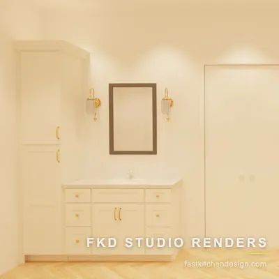 2020 Flex master bath design with twin cream shaker vanities, brass pulls, and marble tops, designed in 2020 Flex by Fast Kitchen Design.