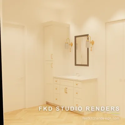 Angled view of the cream shaker 2020 Flex master bath, with brass sconces, framed mirrors, and marble-topped vanities.